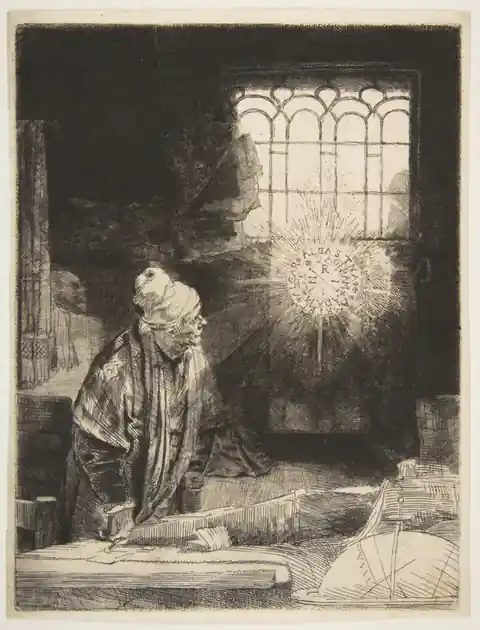 Rembrandt etching of a scholar before a glowing disc of light