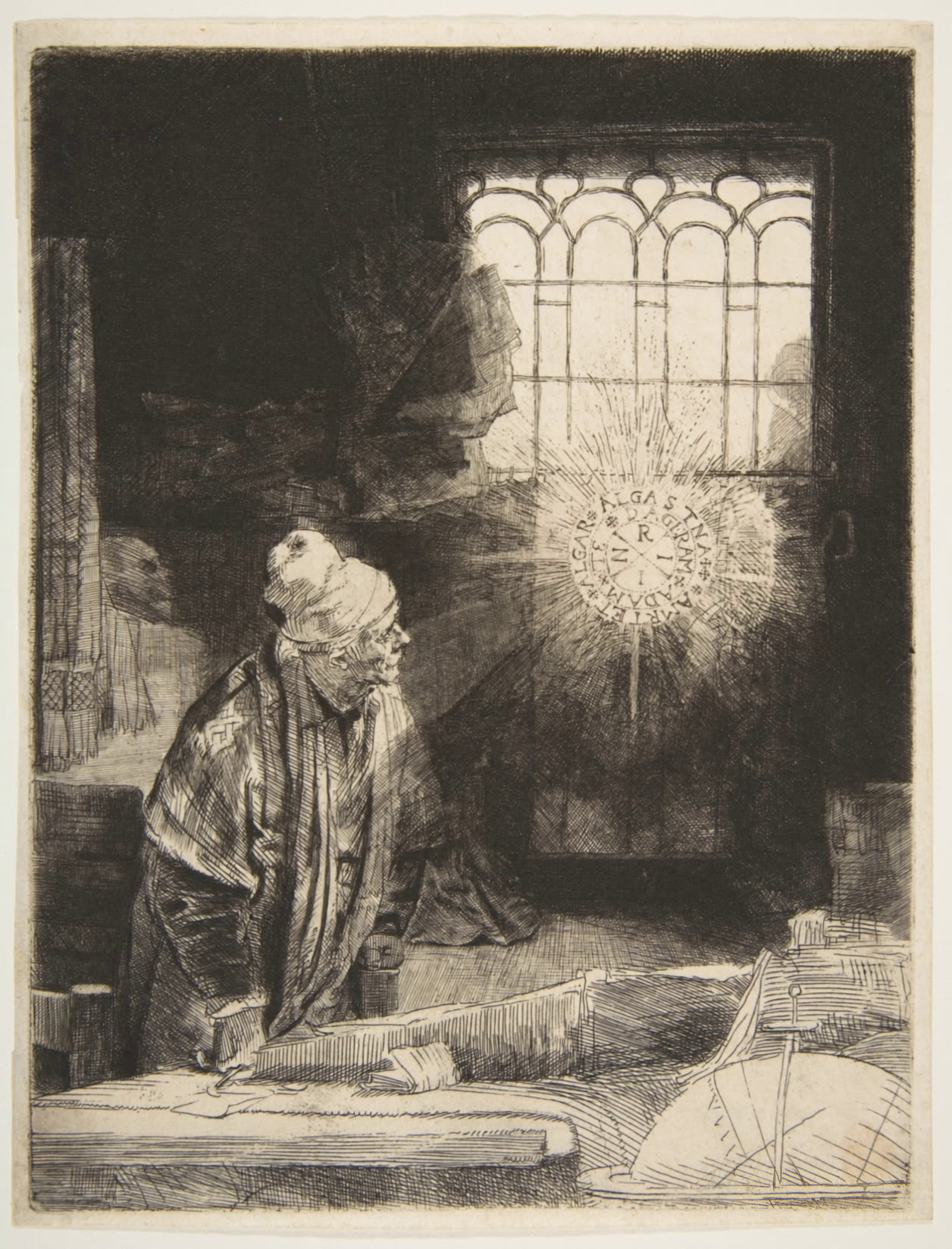 Rembrandt etching of a scholar before a glowing disc of light